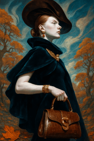 AI generated: Make it an unexpectedly singular surreal fantasy world fashion collage in Autumn with phenomenally e...