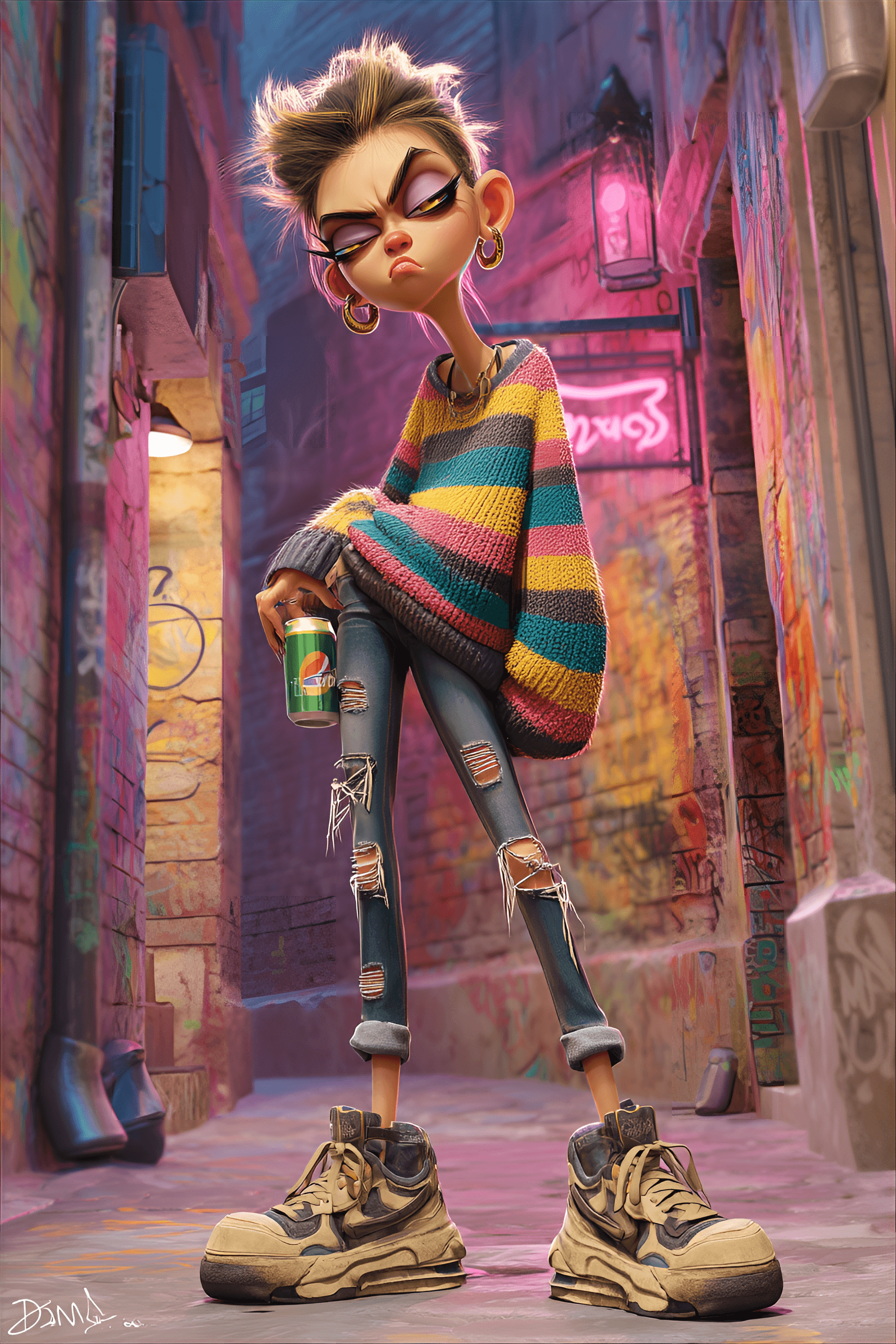 AI generated: funny caricature, rebellious teen, female, 17 years old, moody, stylish, defiant, exaggerated angula...