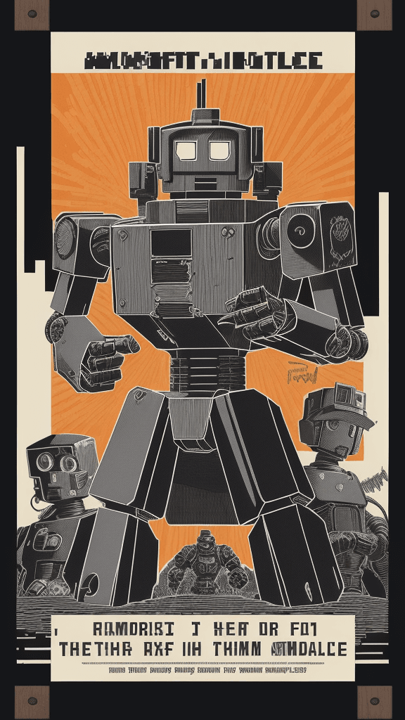 AI generated: mono pixelated poster, signed "amf101fma", a digital woodblock illustration of a robot enforcing the...