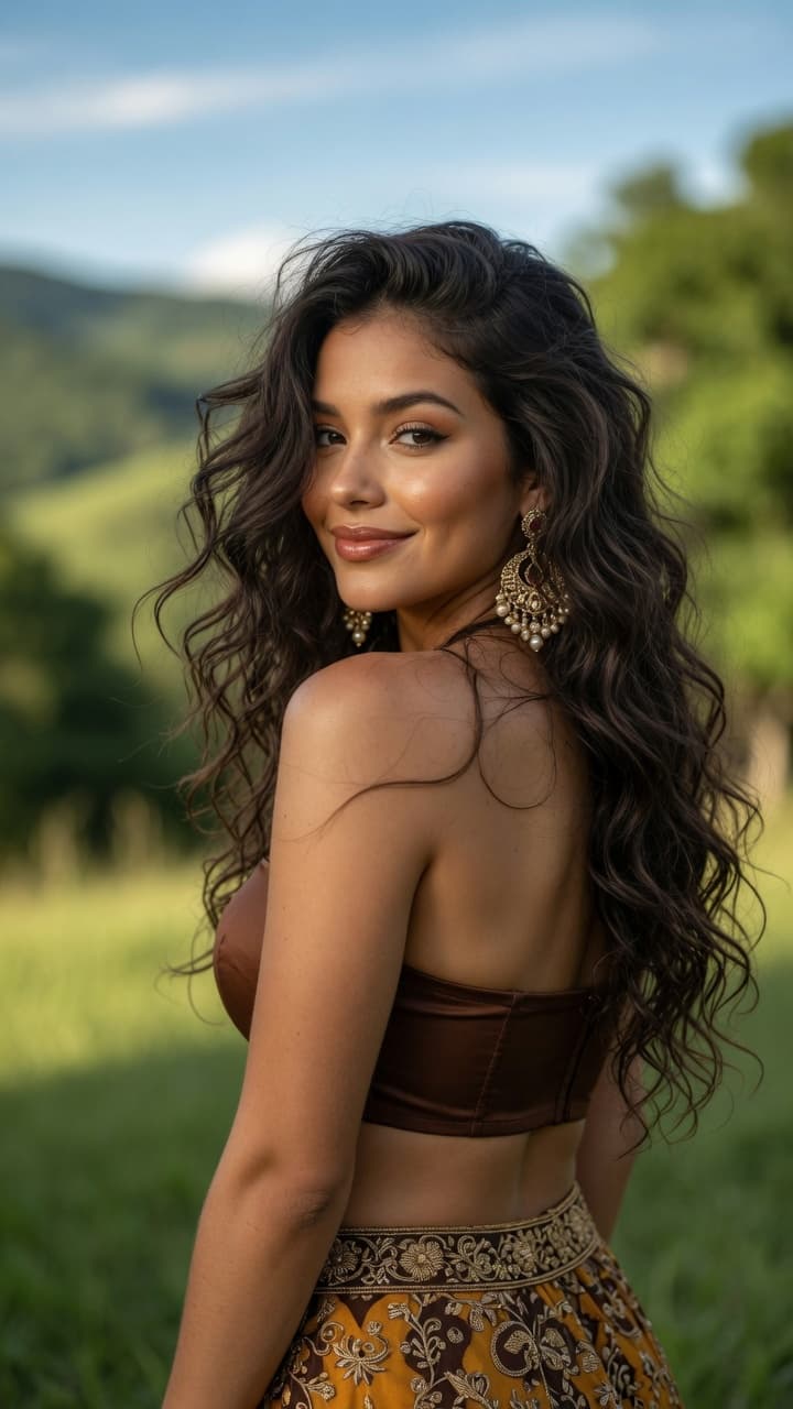 AI generated: A stunning ultra-realistic photograph of a beautiful young woman with long, voluminous, cascading da...