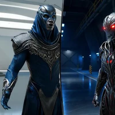 AI generated video: 
Split-screen cinematic composition, two alien commanders facing forward, symmetrical layout.

LEFT ...