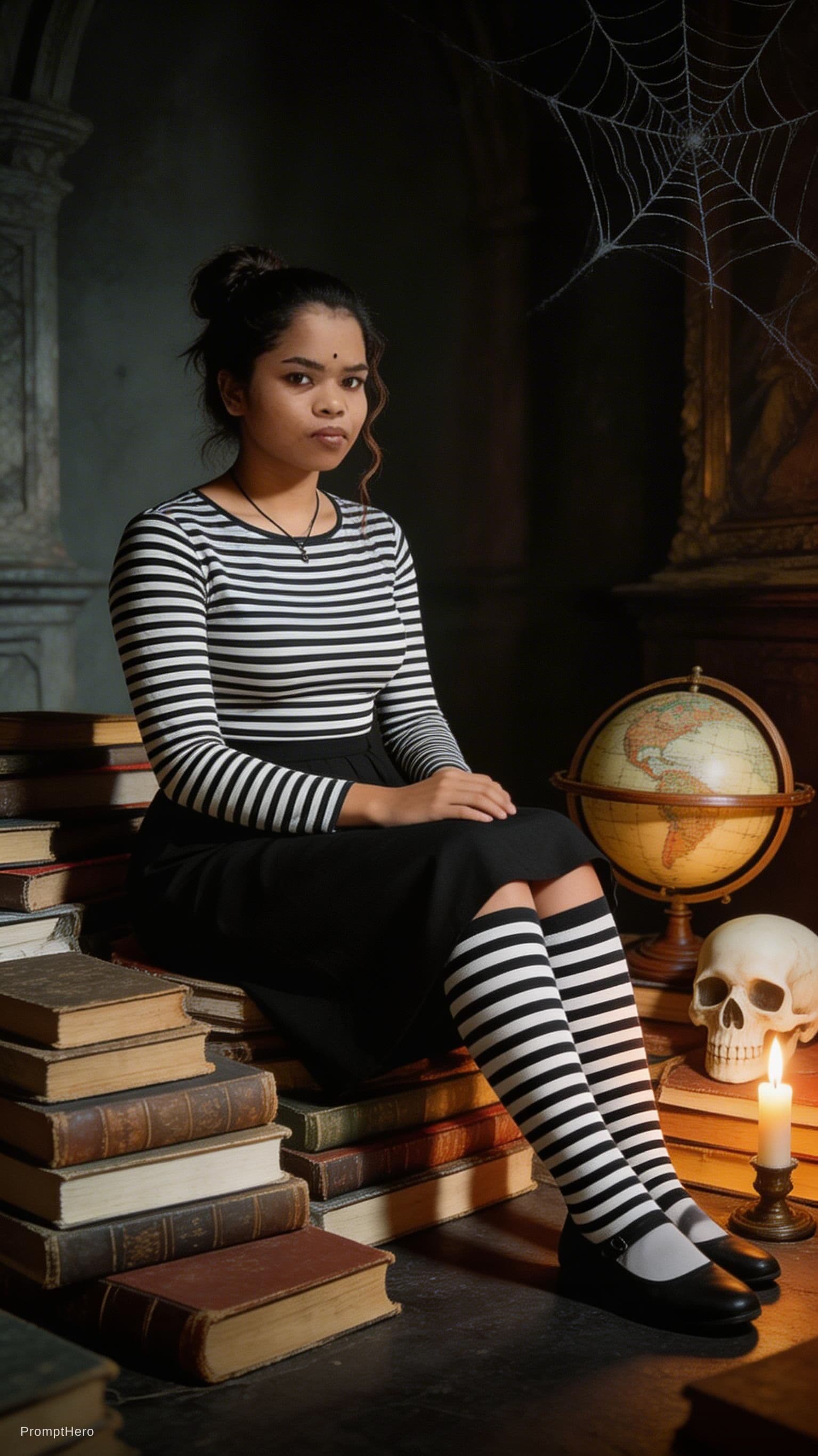 AI generated: A young female sits atop a chaotic pile of aged, dusty books scattered across the floor, her messy b...