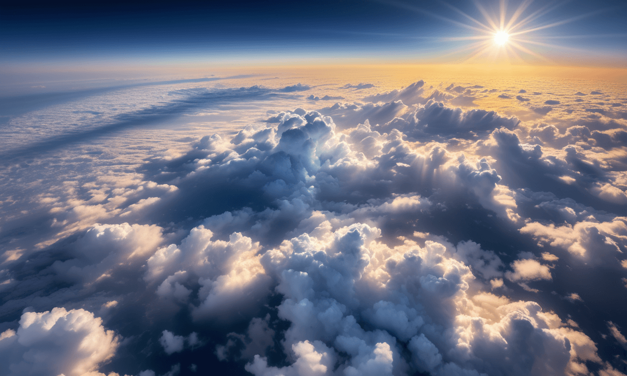 AI generated: It's always beautiful above the clouds, bright cheerful colors, romantic, intricate, elegant, highly...