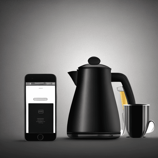AI generated: black kettle is on the right, backgrounds in dark shades, there is a smartphone turned on next to th...