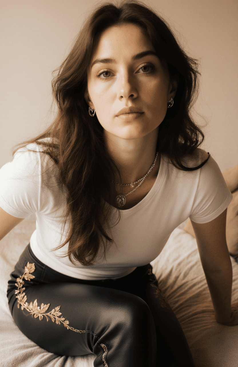 AI generated: A captivating full body shot of an adult white female with long, tousled brown hair, High Waist Legg...