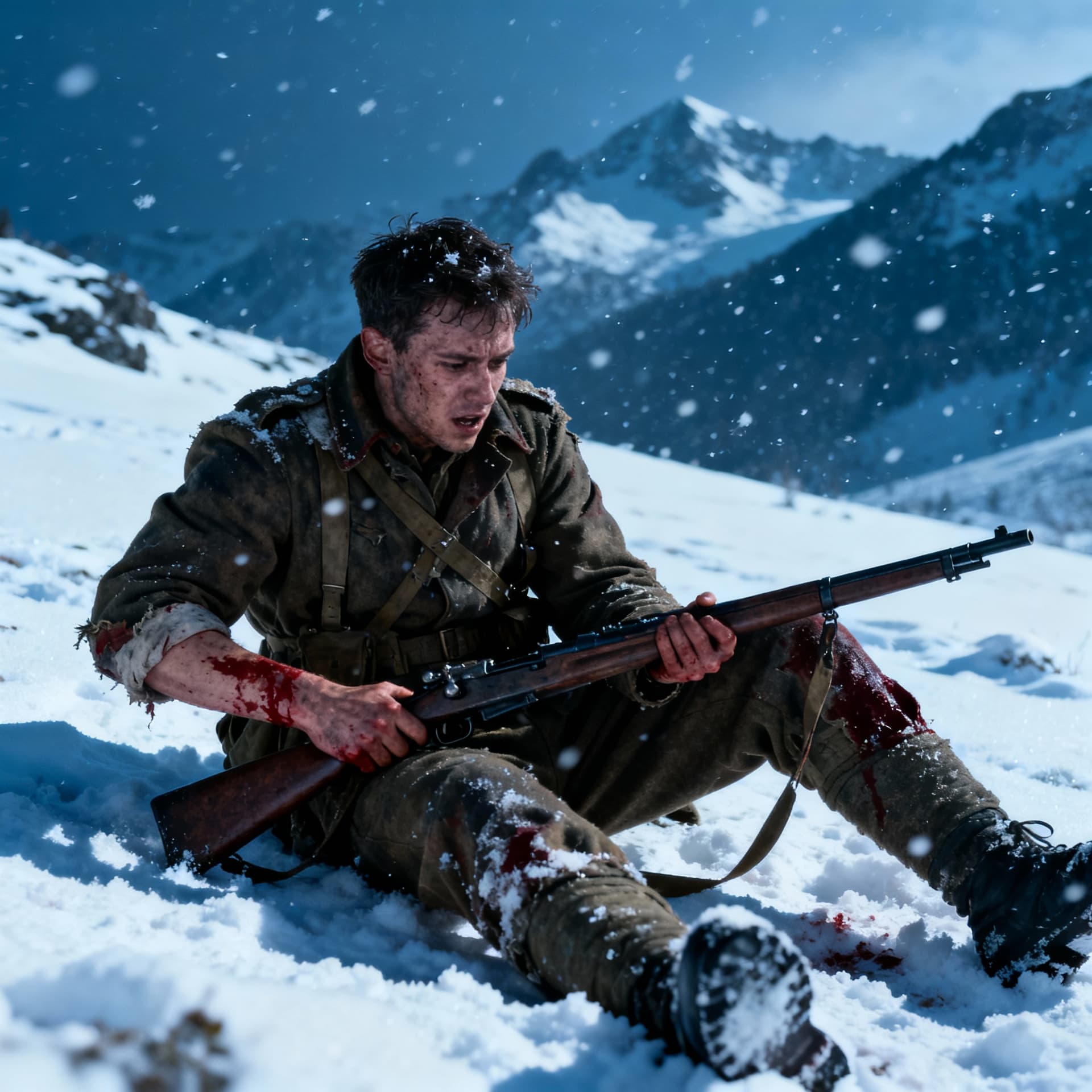 AI generated: A injured soldier at snow area fight for his life