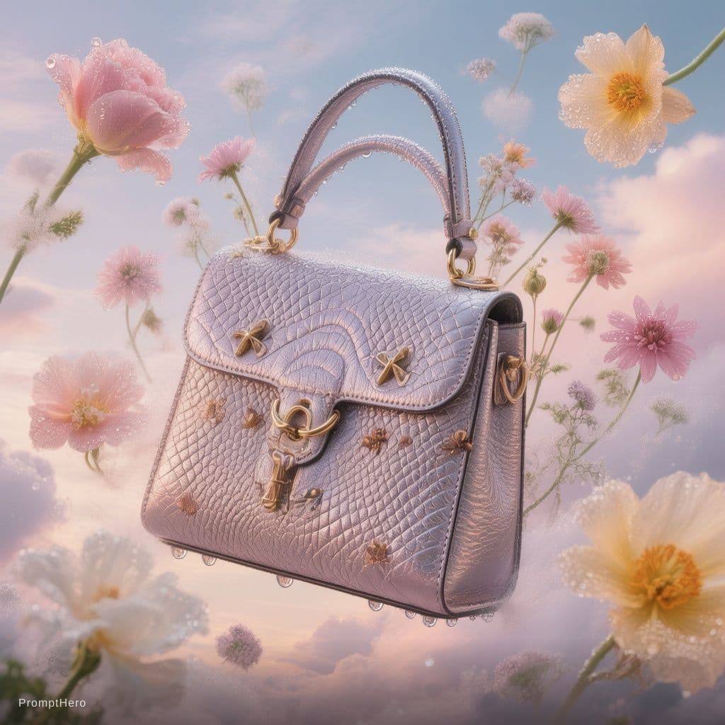 AI generated: Elegant designer handbag surrounded by floating fresh flowers, surreal dreamy composition, soft past...