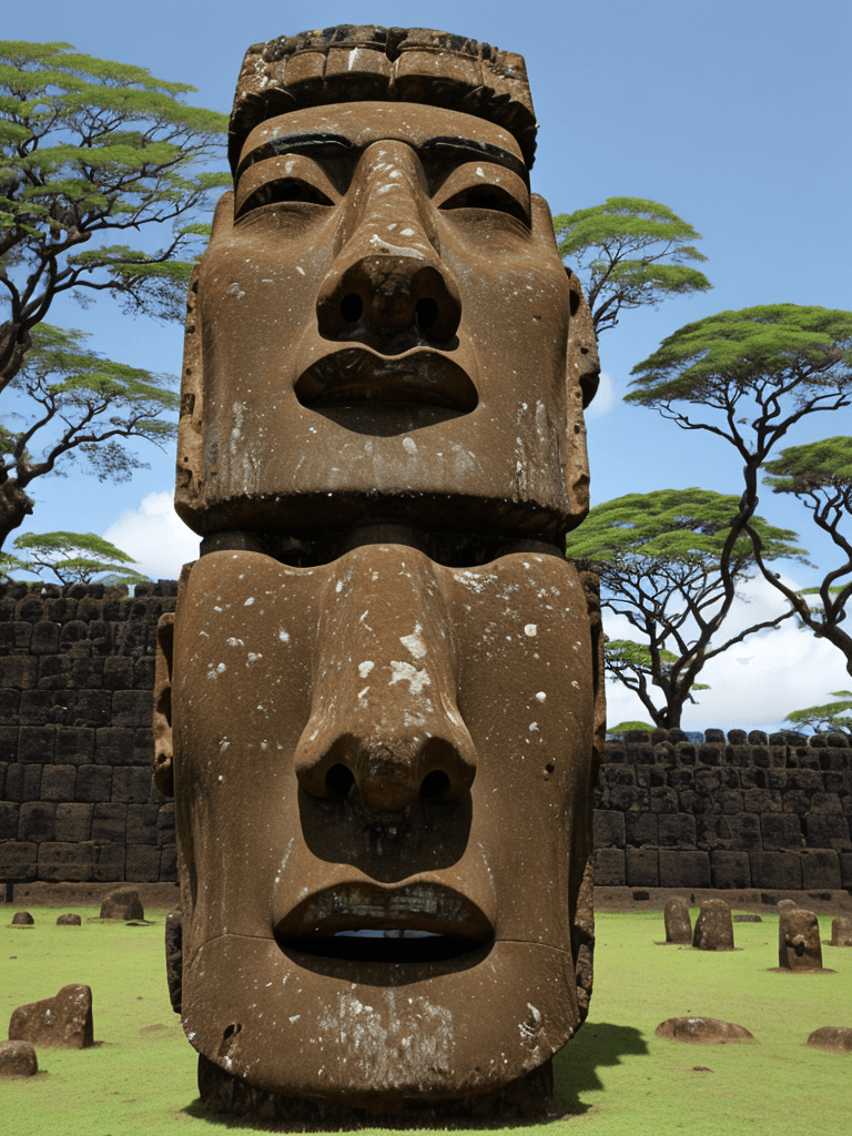 AI generated: A moai, one of the famed, giant stone