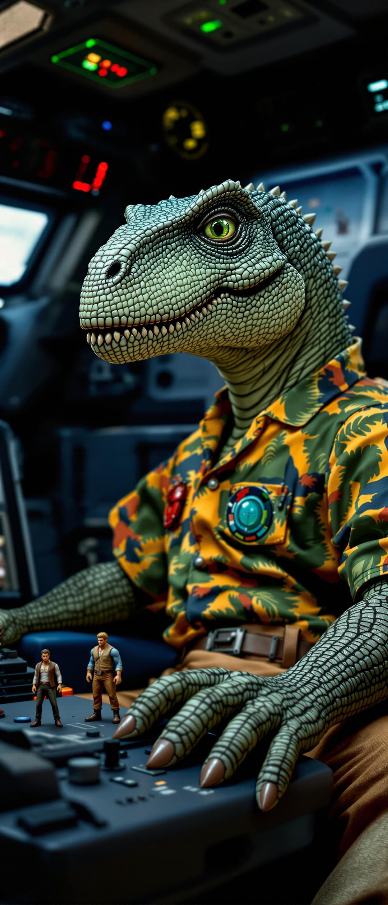 AI generated: Close-up portrait of a male dinosaur anthropomorphic with green grey skin, intelligent green eyes. H...