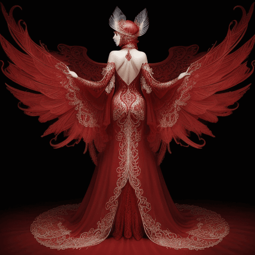 AI generated: A woman adorned in a red shiny , intricately designed gown that cascades down to the ground. She is ...