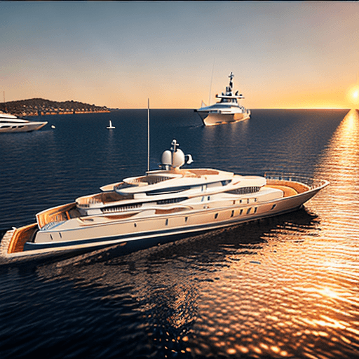 AI generated: 2 two white supersized yachts in St. Tropez sunrise, highly rendered, excellent photography, intrica...