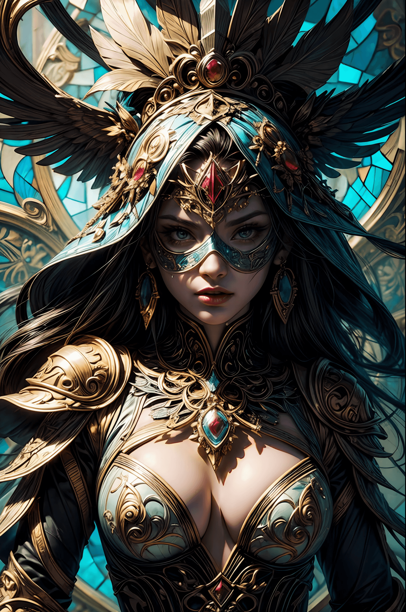 AI generated: splash art, stained glass art of goddess, glass masquerade mask, mosaic-stained glass art, stained-g...