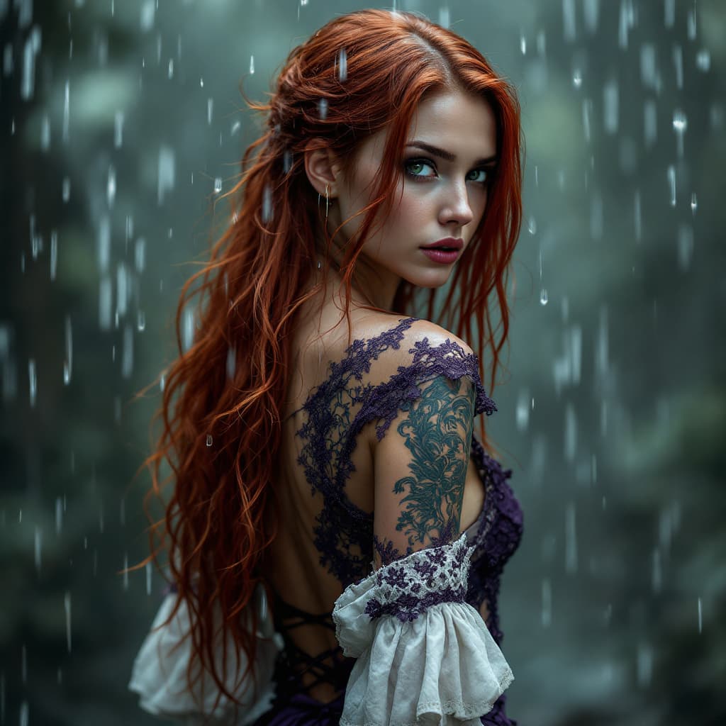 AI generated: A woman stands with her back turned, She has long, red hair and striking green eyes. Her outfit is a...