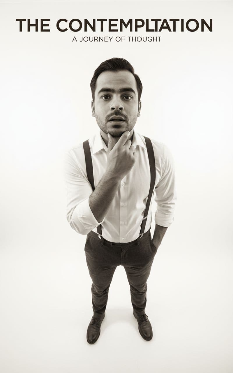 AI generated: “A stylized high-angle portrait of a man standing on a clean white studio background, captured with ...