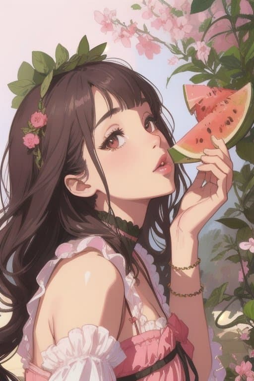 AI generated: beautiful cottagecore doja cat eating watermelon, intricate, elegant. the background is pink ! . hig...