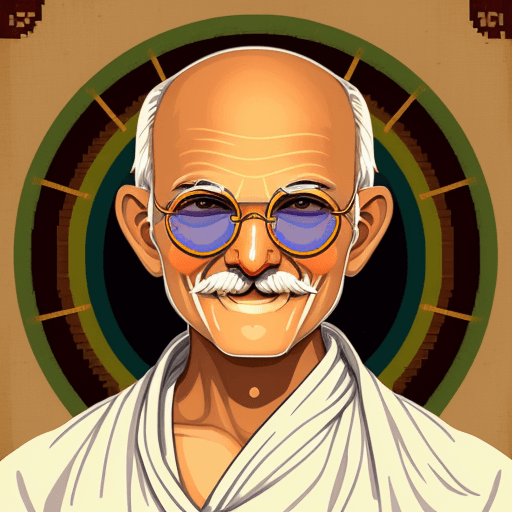 AI generated: Mahatma Gandhi Pixelart cryptopunk style with round glasses and happy smile india folk style no bear...