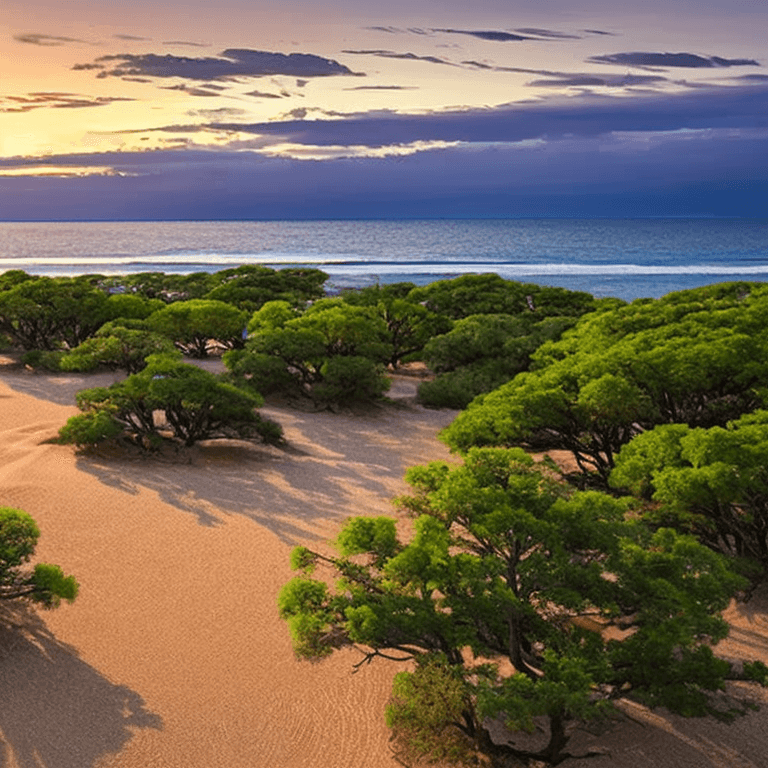 AI generated: oil on canvas, small clouds, beach, small trees, small rocks, beautiful setting, early evening, warm...