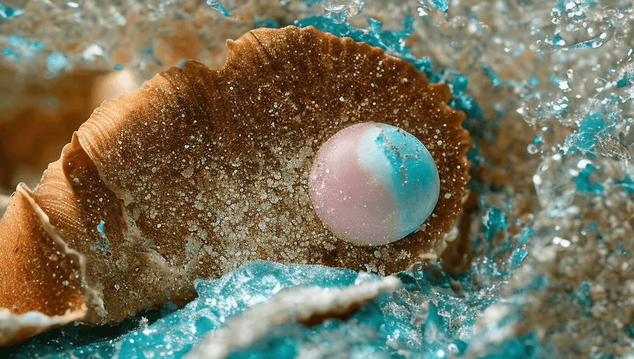 AI generated: Tiffany blue, sea shell, pearl, sand, wave