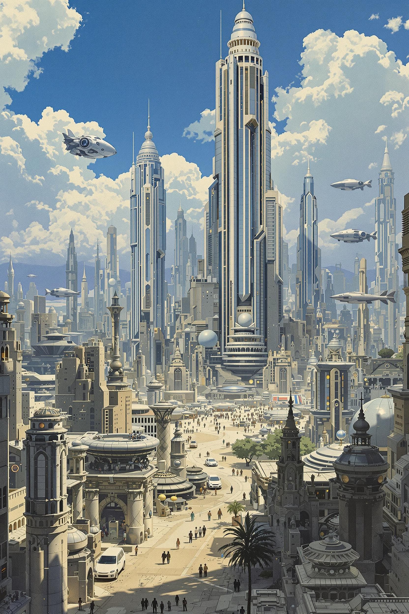 AI generated: 'une ville futuriste avec de grands immeubles et des vaisseaux spatiaux dans le style de Zdzisław Be...