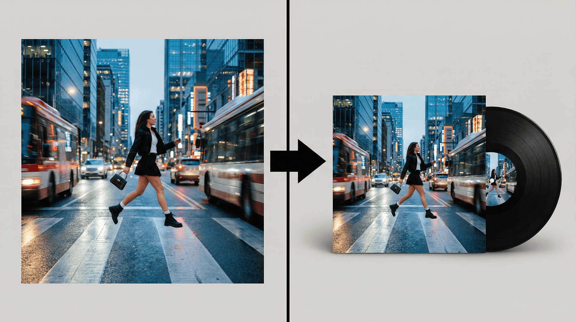 AI generated: split the image between these images, on the right side the vinyl, on the left side the girl, an arr...