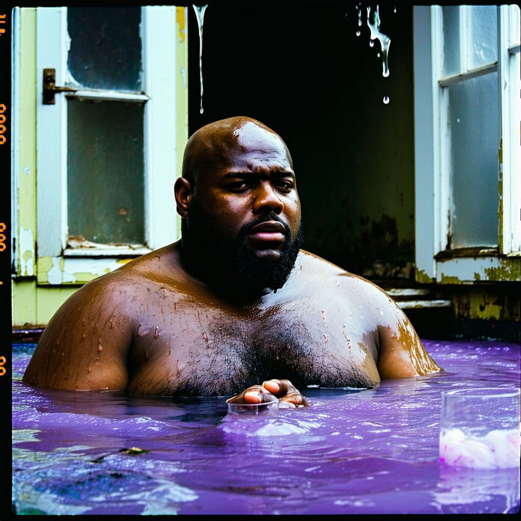 AI generated: grainy 80's photograph quality polaroid of big fat bald soft round black man drowning in purple drin...