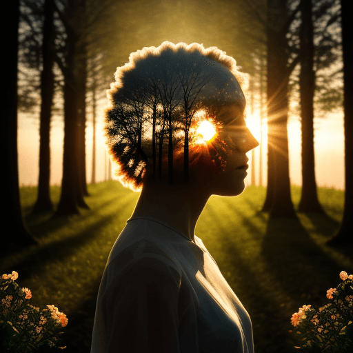 AI generated: double exposure of the flowers blending into the human head, the trees and the sun setting behind th...