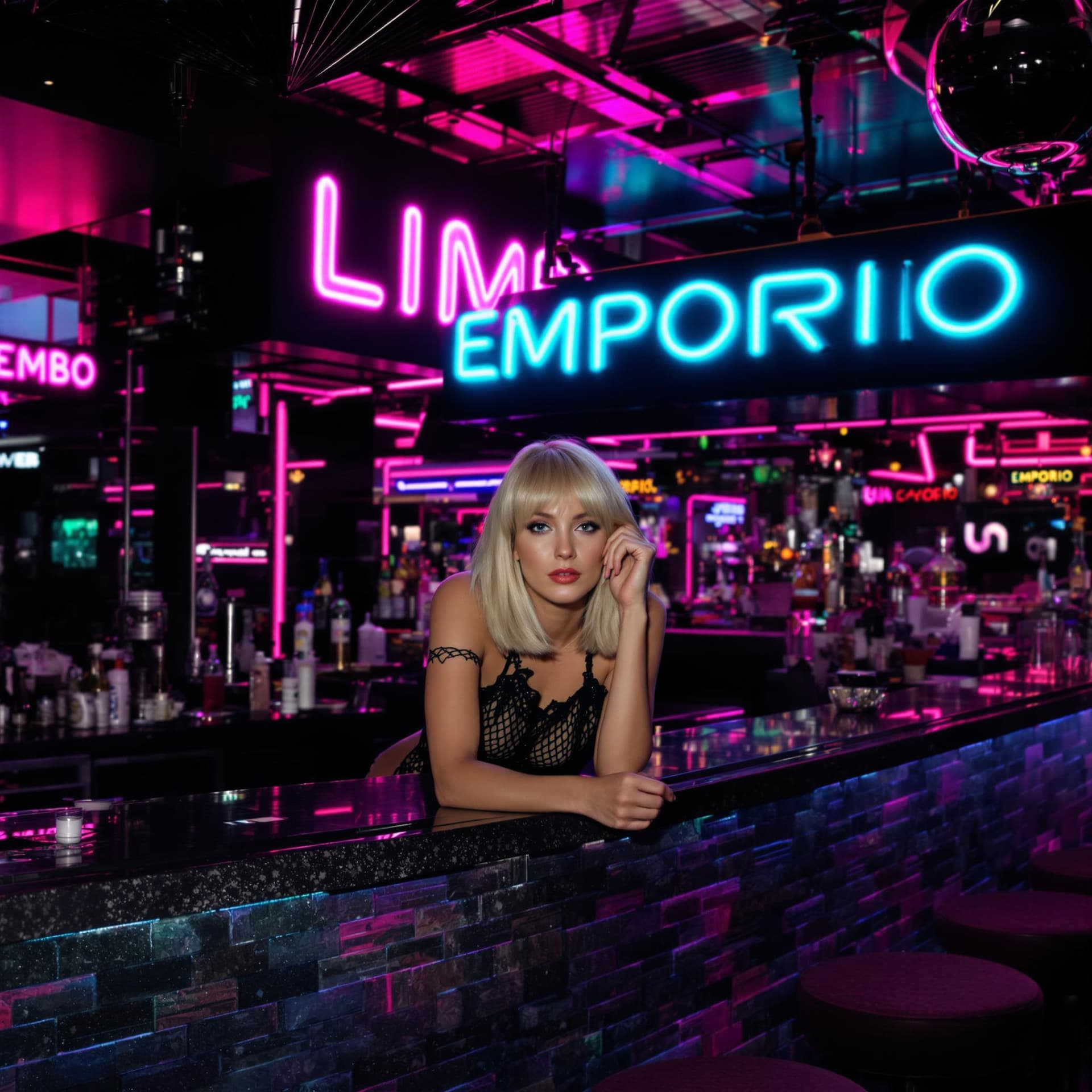 AI generated: A woman is sitting at the counter of a futuristic cyberpunk bar, wearing stylish clothing. She leans...