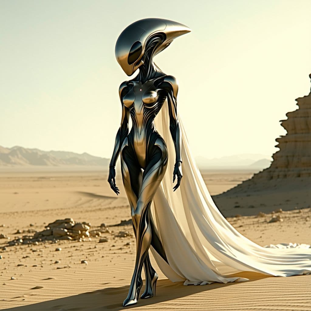 AI generated: alien creature in desert art hd, in the style of futuristic glamour, dark beige and gold, low depth ...