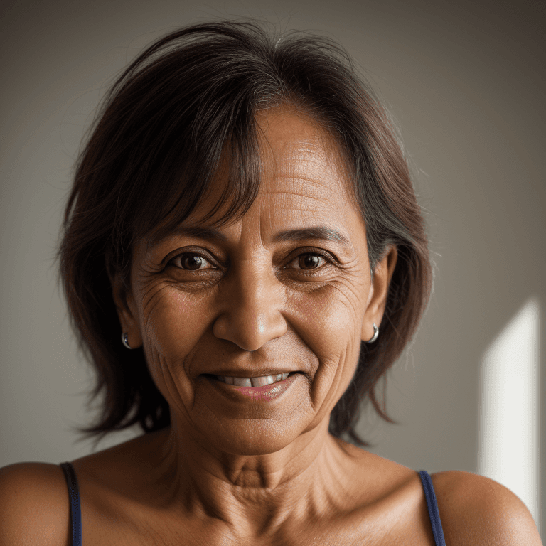 AI generated: hyper realistic headshot photo of a 50 year old brasilian (woman 1.5), looking into the camera, smil...