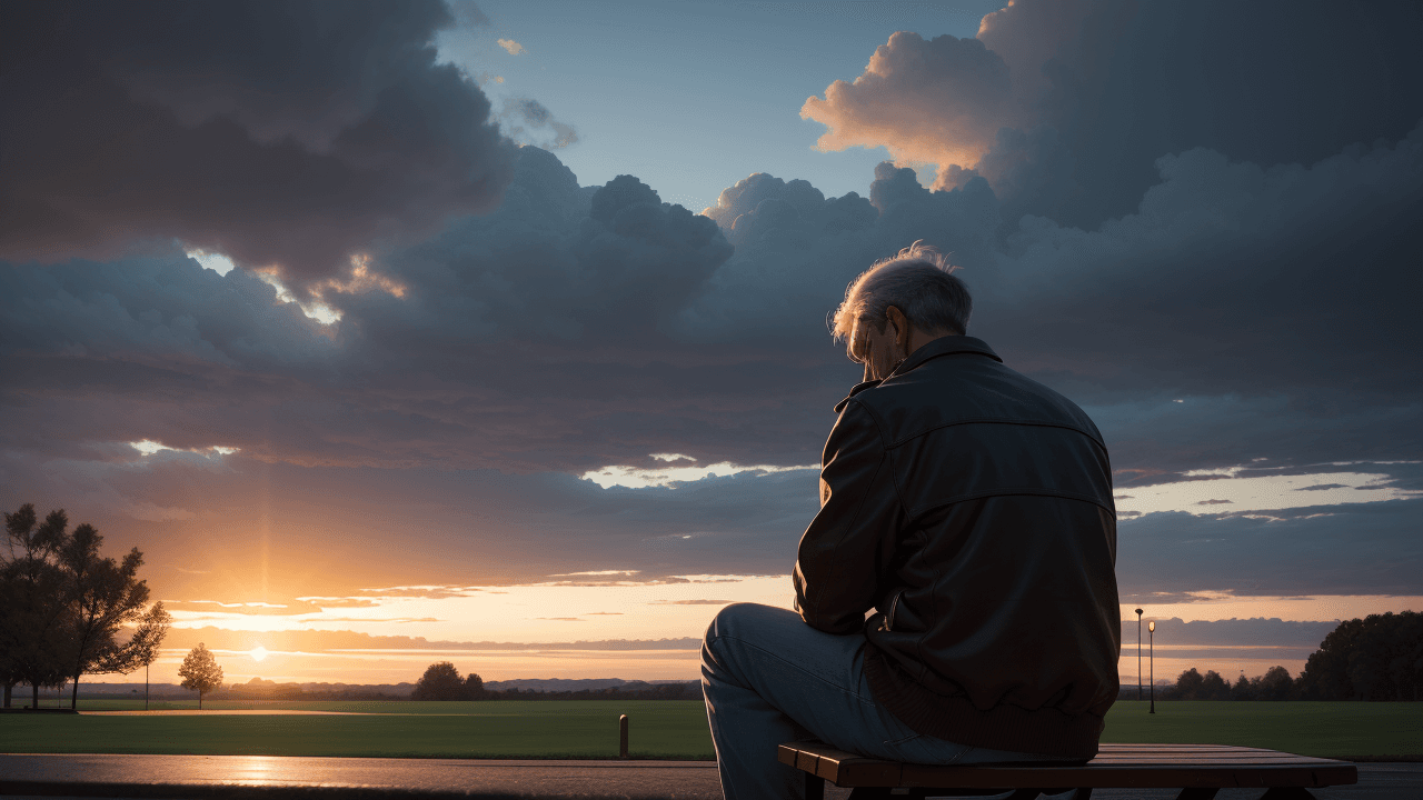 AI generated: As the sun sets over the park, a man sits on a bench, his tears a reflection of the fading light. Th...