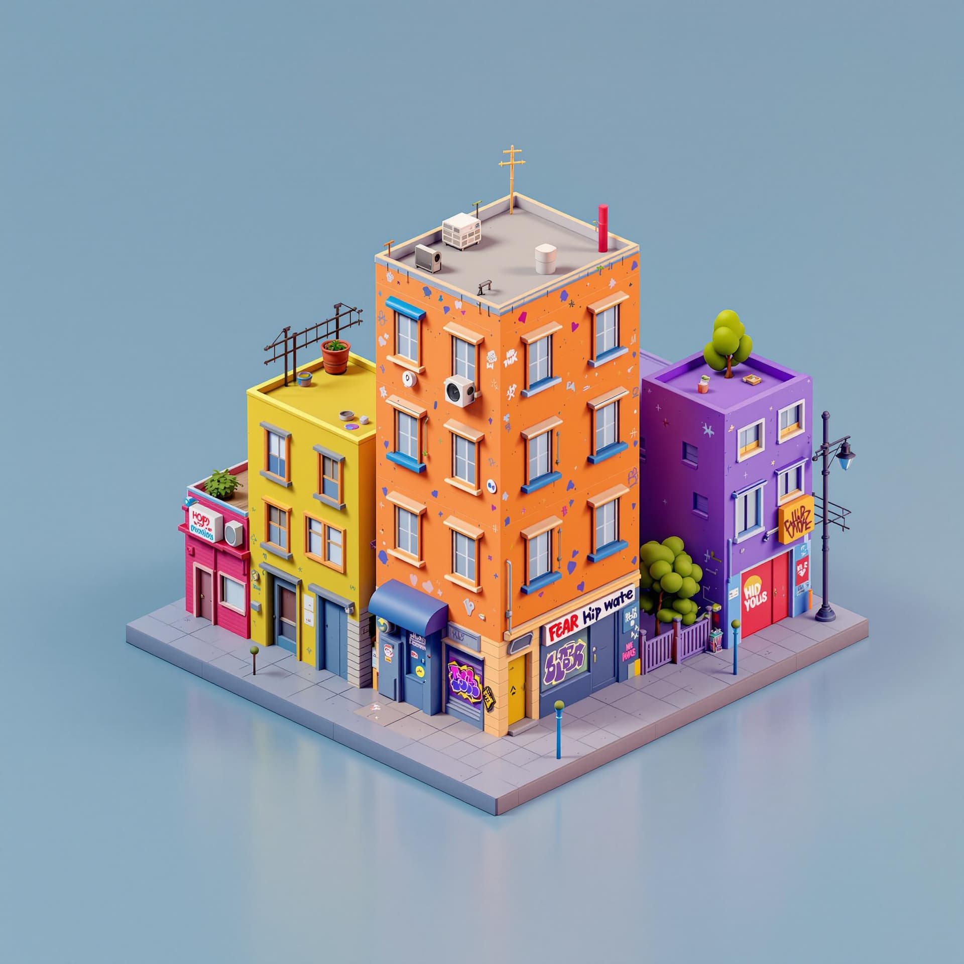 AI generated: 3d illustration hip hop colored urban buildings and with a little graffiti on the walls
