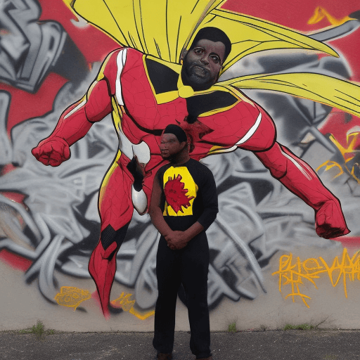 AI generated: a blackman in a red and yellow superhero suit  fighting a white man in a dog superhero suit, in fron...