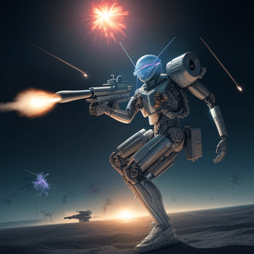 AI generated: 50 caliber machine gun firing off hundreds of rounds being held by a bright silver cyborg across a v...