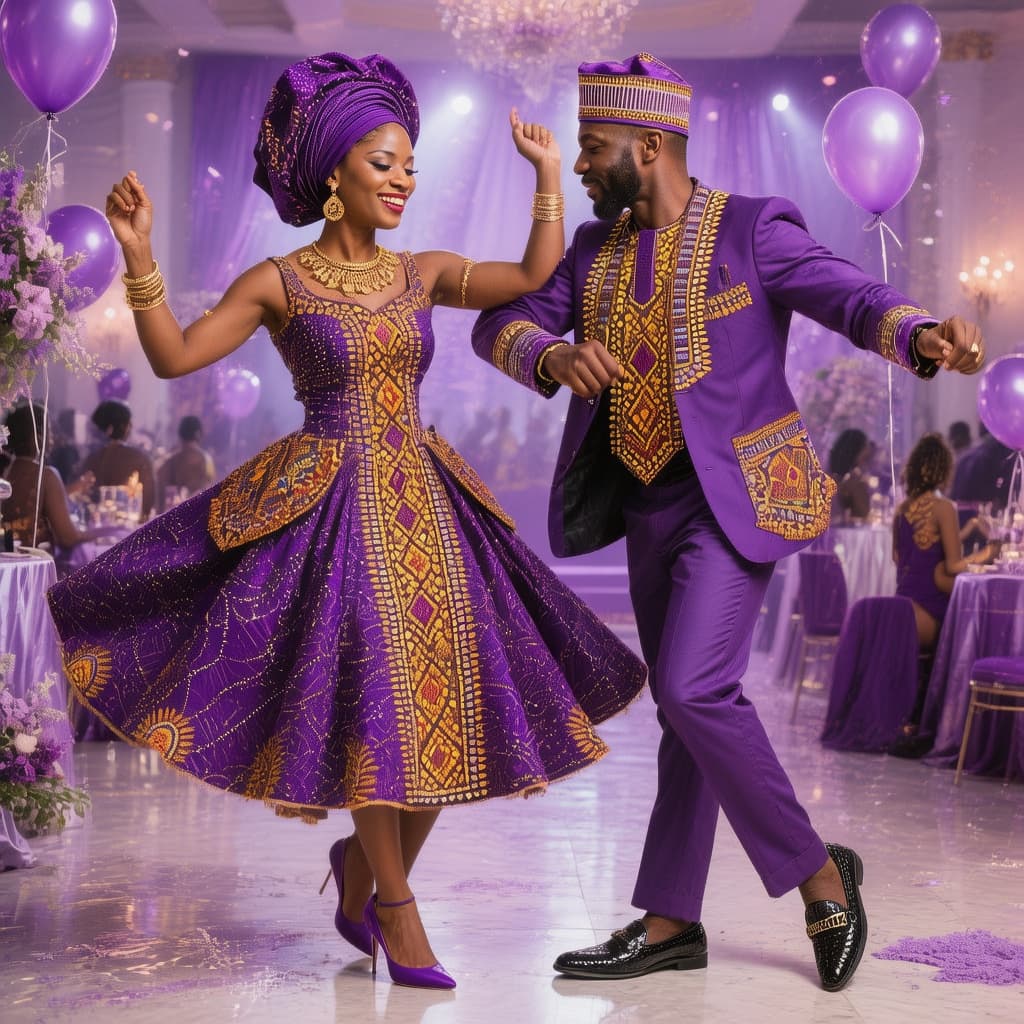 AI generated: Vibrant image of an elegant dressed dark-brown-skinned lady wearing a purple African dress with a ma...