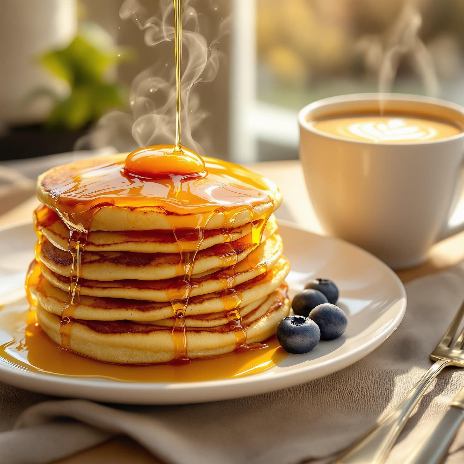 AI generated: On a white ceramic dish are golden-brown pancakes covered with shiny, viscous honey, flowing down th...