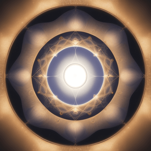 AI generated: simple photo of an, staring at you from inside the center of a horned torus, white, gold, indigo, pe...