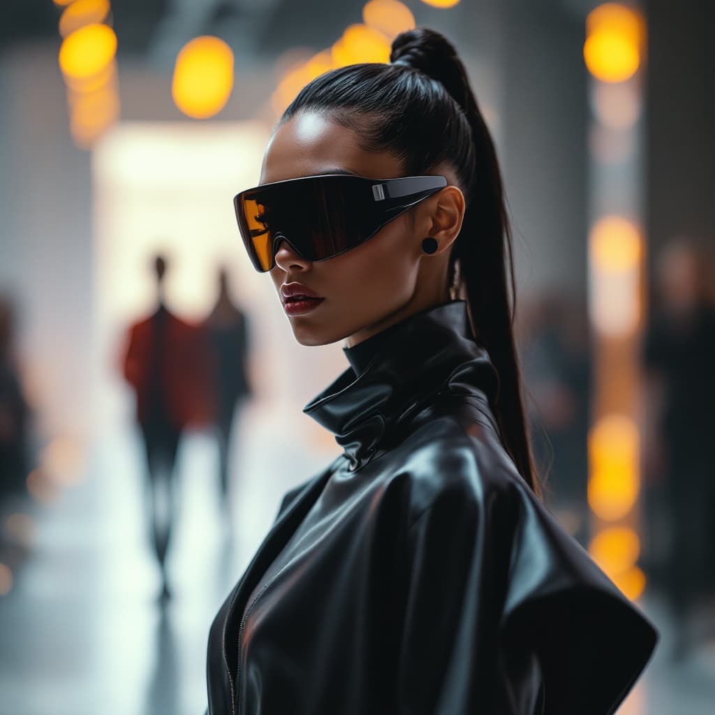 AI generated: Realistic photo of a model in avant-garde fashion, futuristic, bold, high fashion runway.
