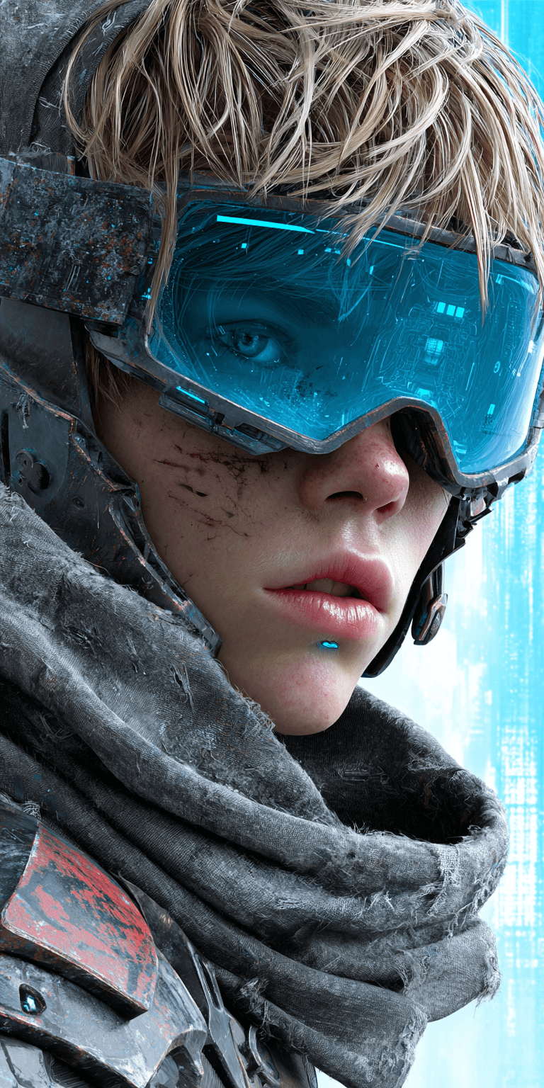 AI generated: A lone futuristic desGot, he wears an augmented reality SPY snowboarding like goggles. a beautiful, ...