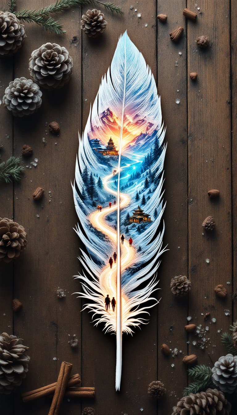 AI generated: High-definition double exposure artwork with vibrant colors featuring a macro white filigree feather...