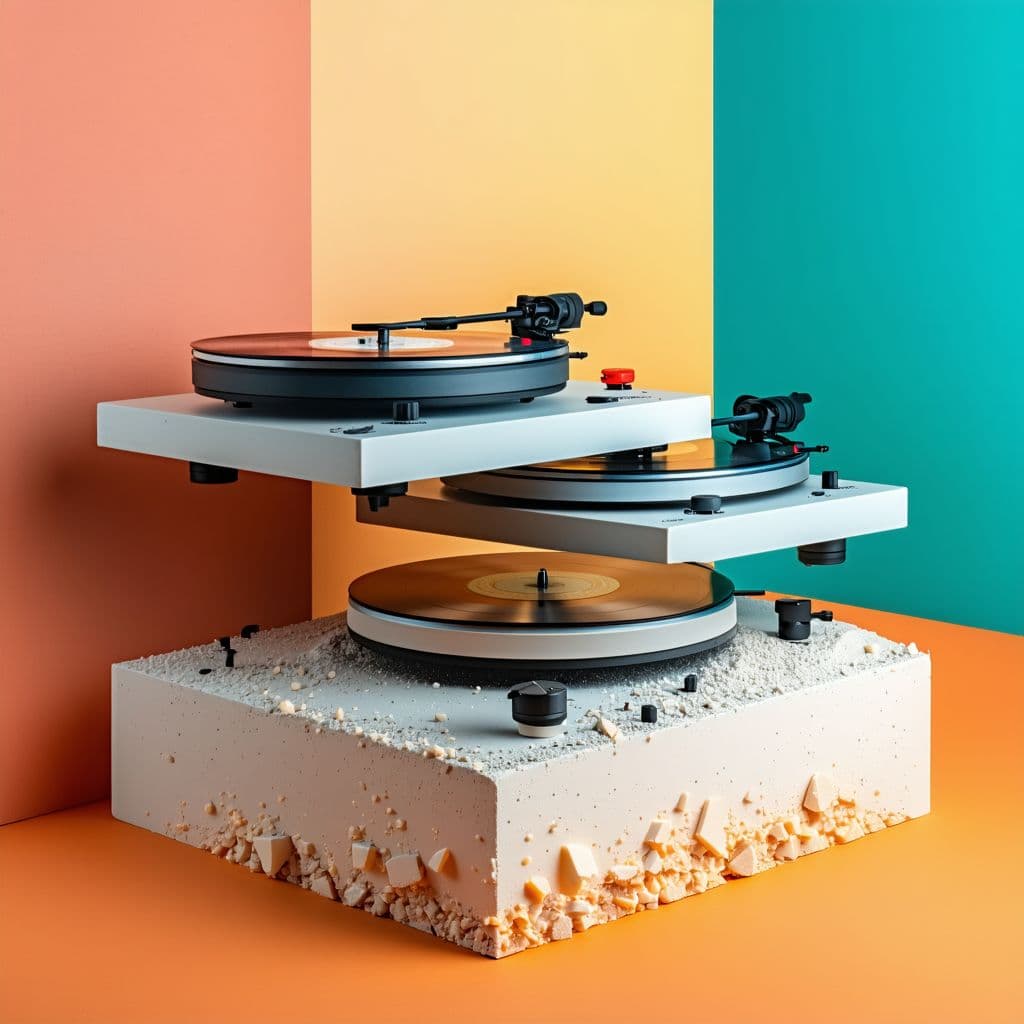 AI generated: productive photography, super resolutions, three mordern turntable design by bang and olufsen, dyson...