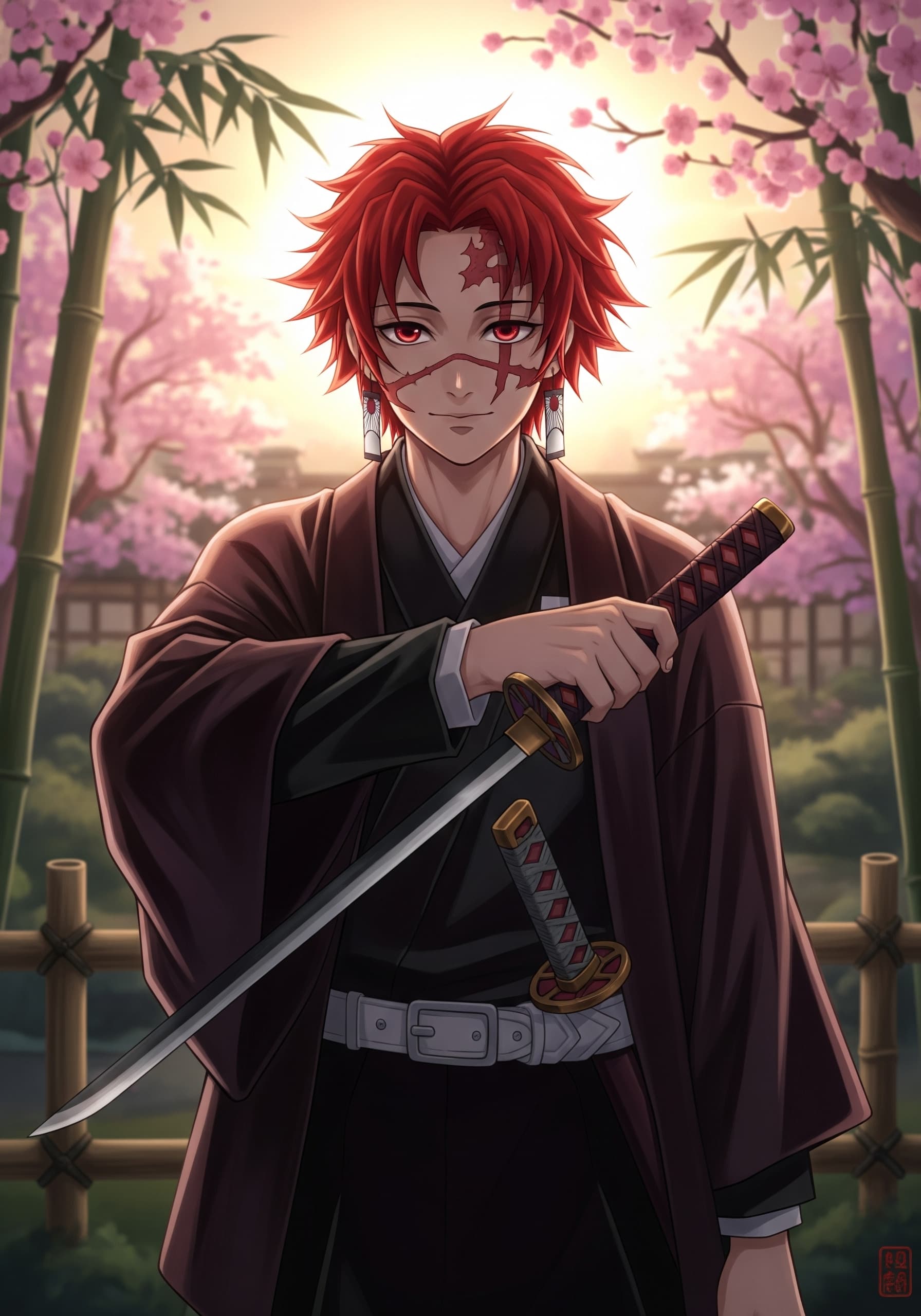 AI generated: Red hair, cross-shaped scar,
Blade reversed, a gentle soul,
Dawn's light, Edo style."