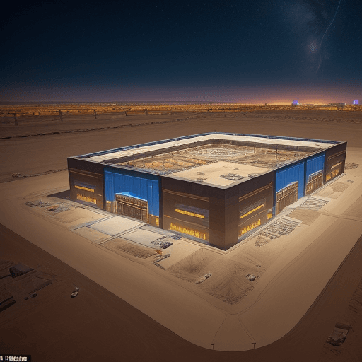 AI generated: A very grand substation is being built in the desert, with the night sky in the background, and hund...