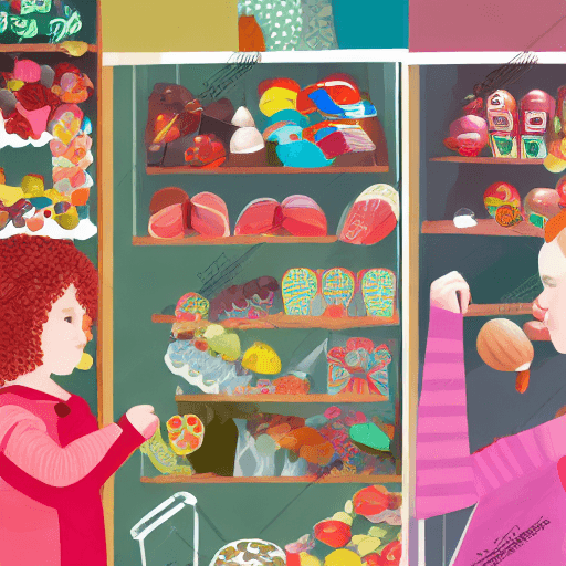 AI generated: Naturalistic collage illustration of a 3-year-old red haired girl inside a candy shop with her grand...