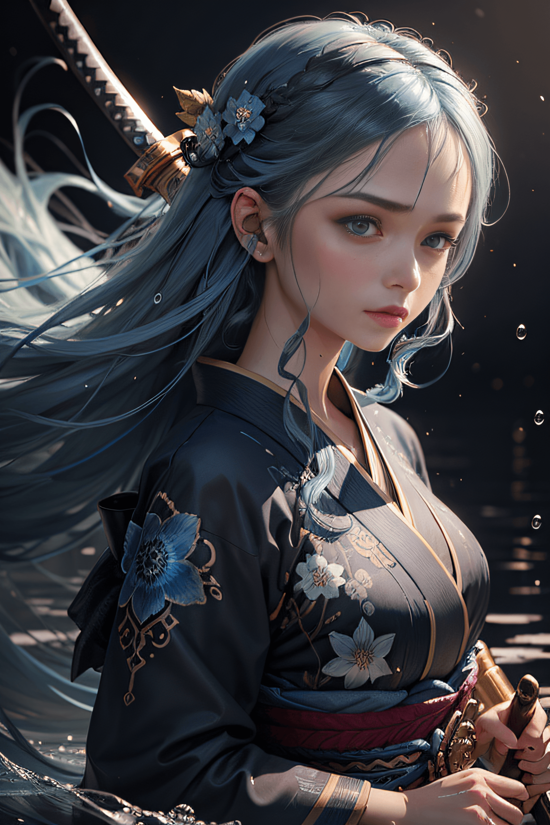 AI generated: epic realistic, (close up), 1girl, floating blue_hair, long hair, (water:0.7), waterdrop, wet, holdi...