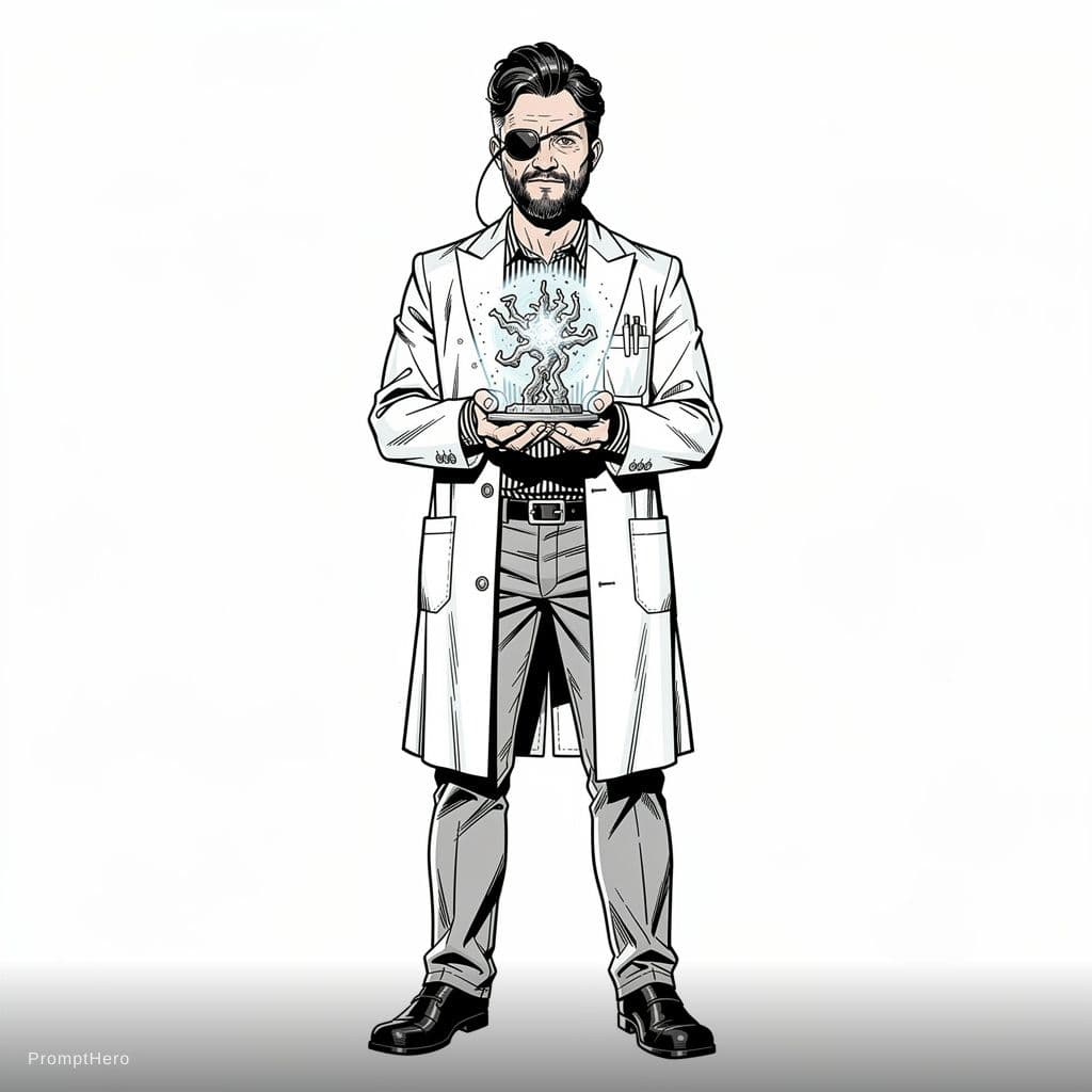 AI generated: A shockingly detailed monochromatic vector illustration of "Doctor Wolfe" unaliasing an anomalous ar...