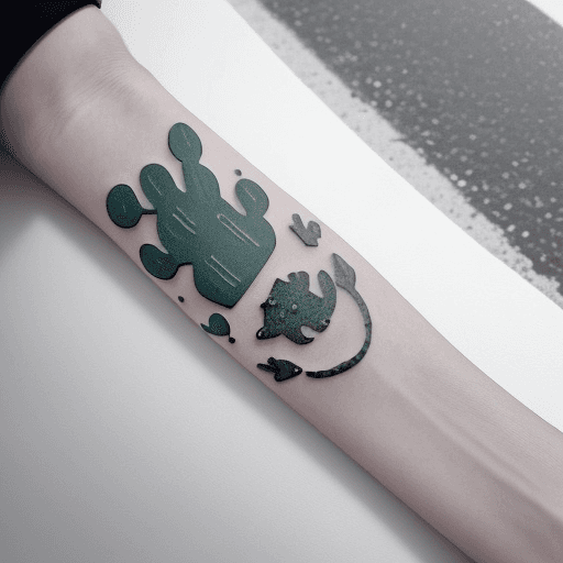 AI generated: Tattoo design that symbolically represents the concepts of  cat, cactus, trust, road, and sea in a m...