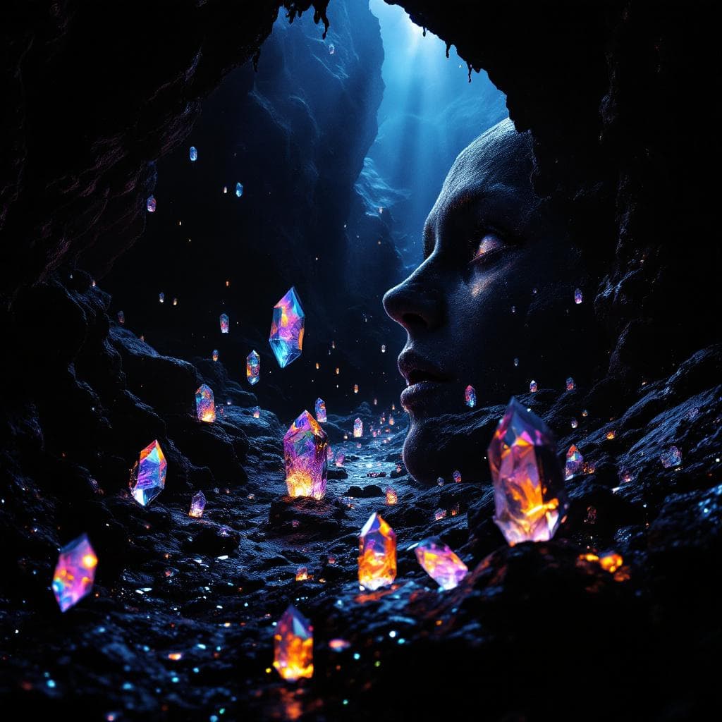 AI generated: photographic, ultrarealistic, ubsurdres, a pitch black cavern, with crystals like teardrops in mid  ...