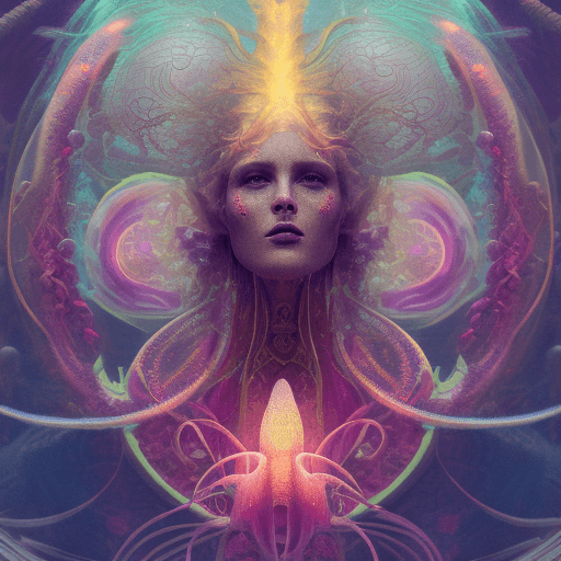 AI generated: Goddess close-up portrait ribcagel. jellyfish phoenix head, nautilus, orchid, skull, betta fish, bio...