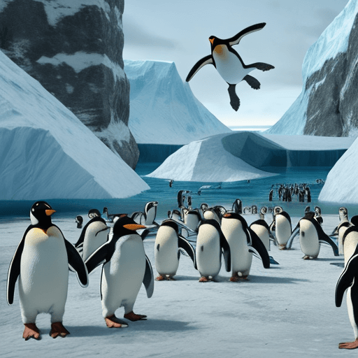 AI generated: the scene is in antarktika. A young blond man falls head first into a hole. A group of penguins run ...