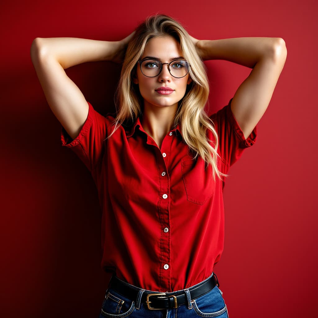 AI generated: 26 yo  German teacher woman with light brown eyes and glasses in the face and raise up arms and smoo...